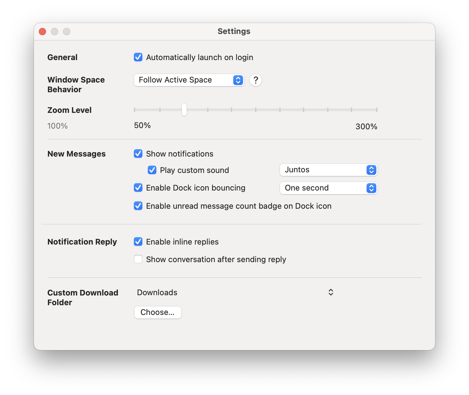 Settings window in Texty app displayed on macOS, showcasing customizable options for message notifications, conversation management, and interface preferences, emphasizing user-centric design and ease of personalization.