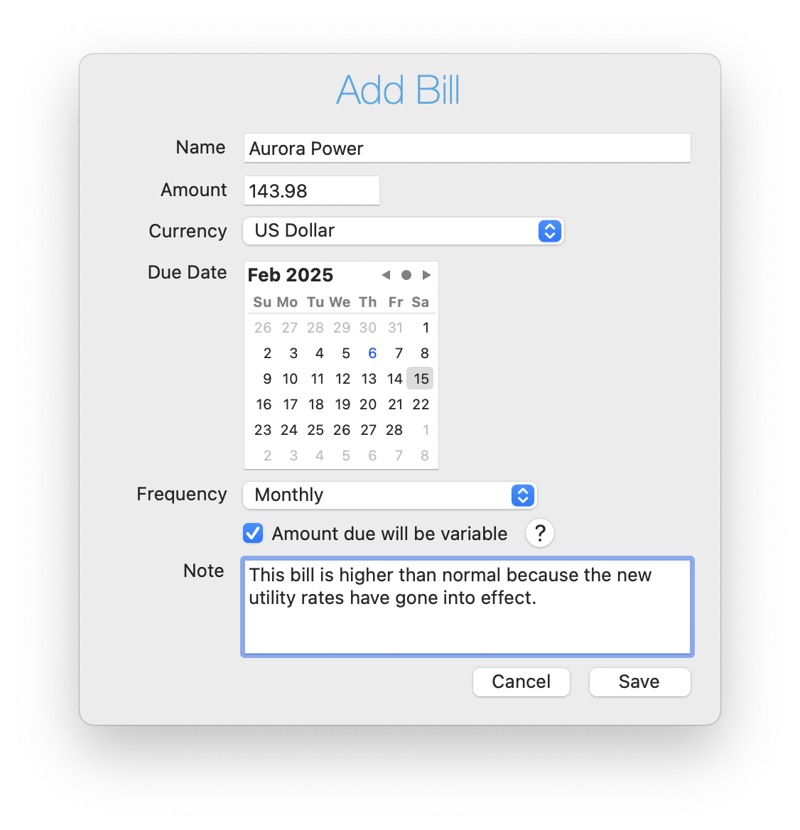 Bill Boss Add Bill dialog with fields for name, amount, currency, due date, frequency, and a note. The bill is for Aurora Power with an amount of $143.98, due on February 15, 2025.