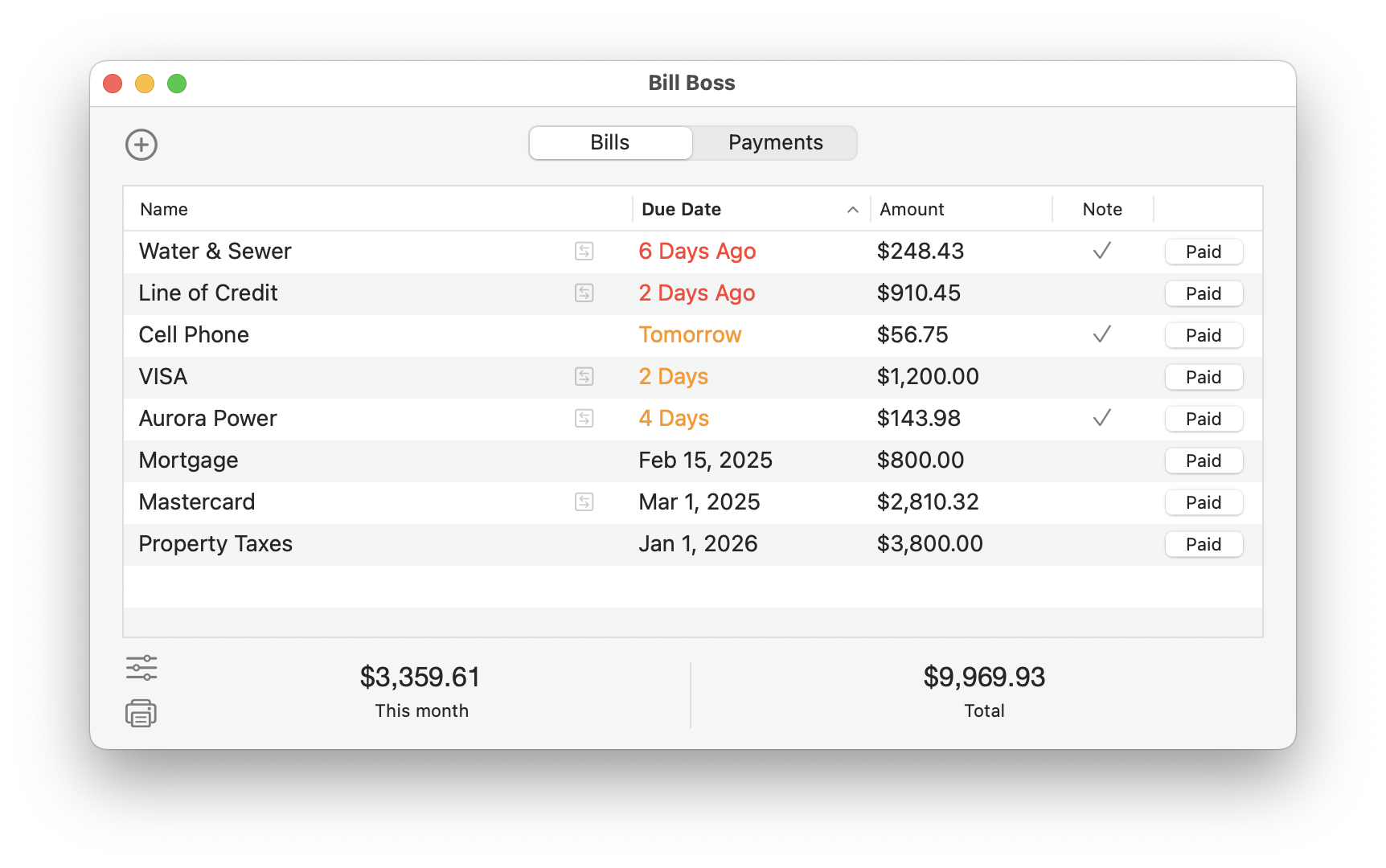 Bill Boss main window displaying a list of bills with names, due dates, amounts, and payment statuses. Overdue and upcoming bills are highlighted in red and orange.