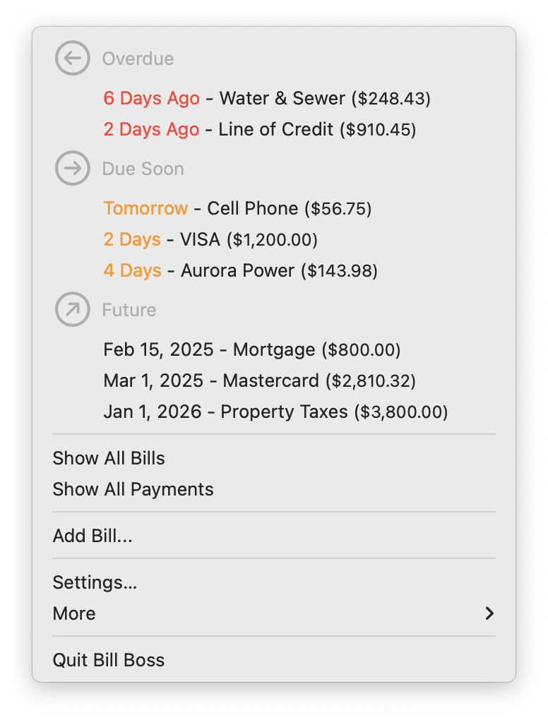 Bill Boss dropdown menu displaying overdue, due soon, and future bills, with options to show all bills, add a new bill, and access settings.