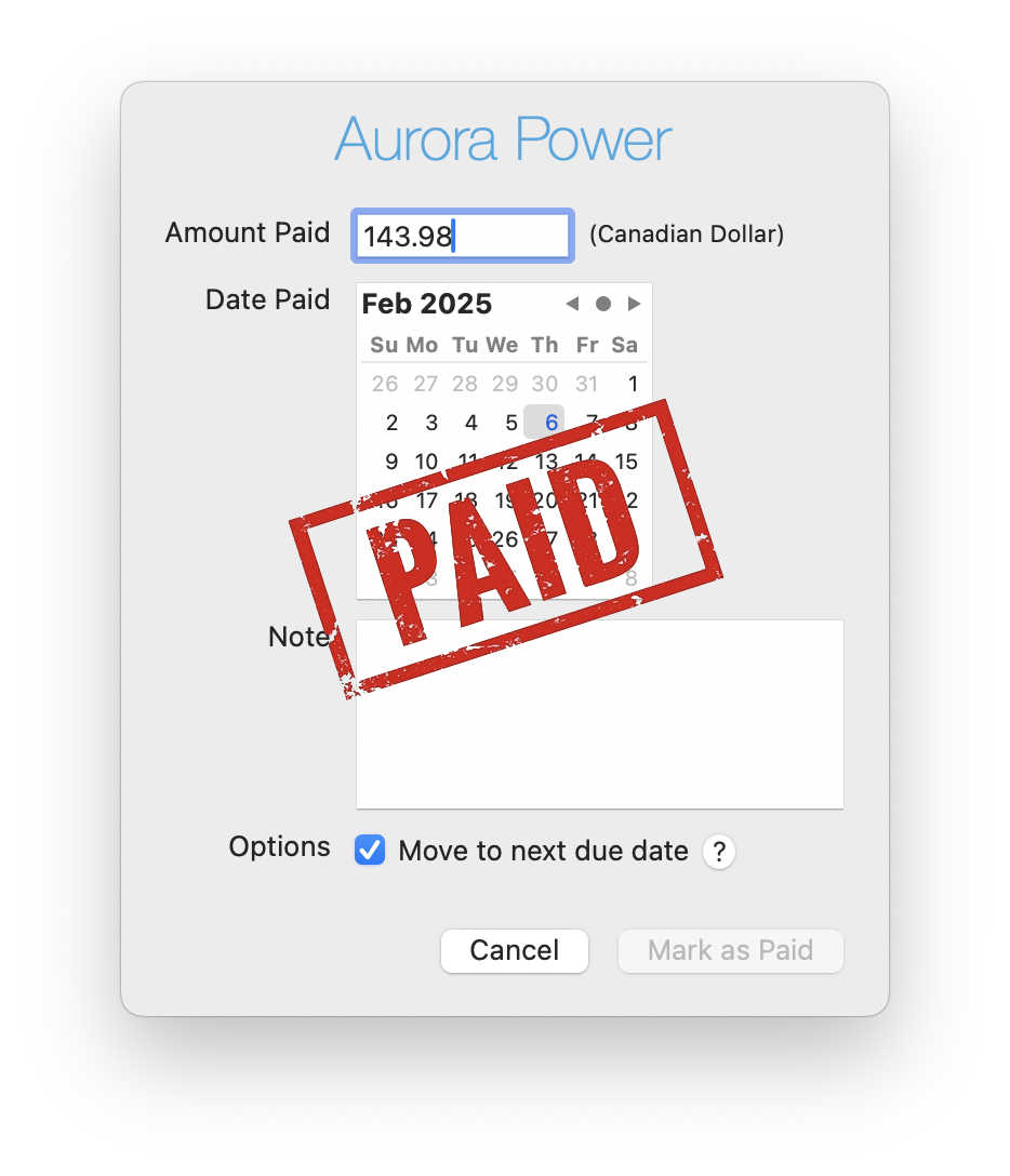 Bill Boss payment confirmation dialog for Aurora Power, showing the amount paid as $143.98 in Canadian dollars, a date picker for selecting the payment date, a note field, and a large red 'PAID' stamp.