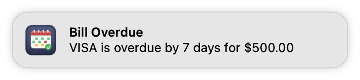 Bill Boss notification warning that a VISA bill is overdue by 7 days for $500.00.