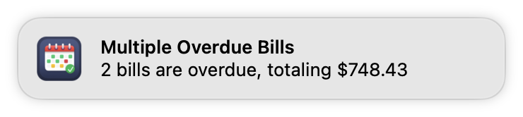 Bill Boss notification warning that two bills are overdue, totaling $748.43.