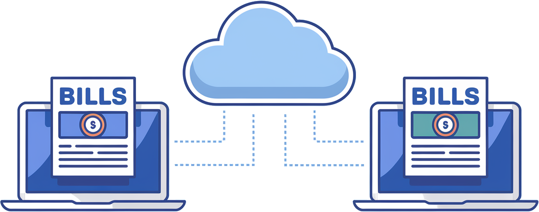 Illustration of two laptops with a cloud in between them, representing Bill Boss syncing bills across devices.