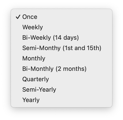 Bill Boss dropdown menu displaying various payment frequency options, including Once, Weekly, Bi-Weekly, Semi-Monthly, Monthly, Bi-Monthly, Quarterly, Semi-Yearly, and Yearly.