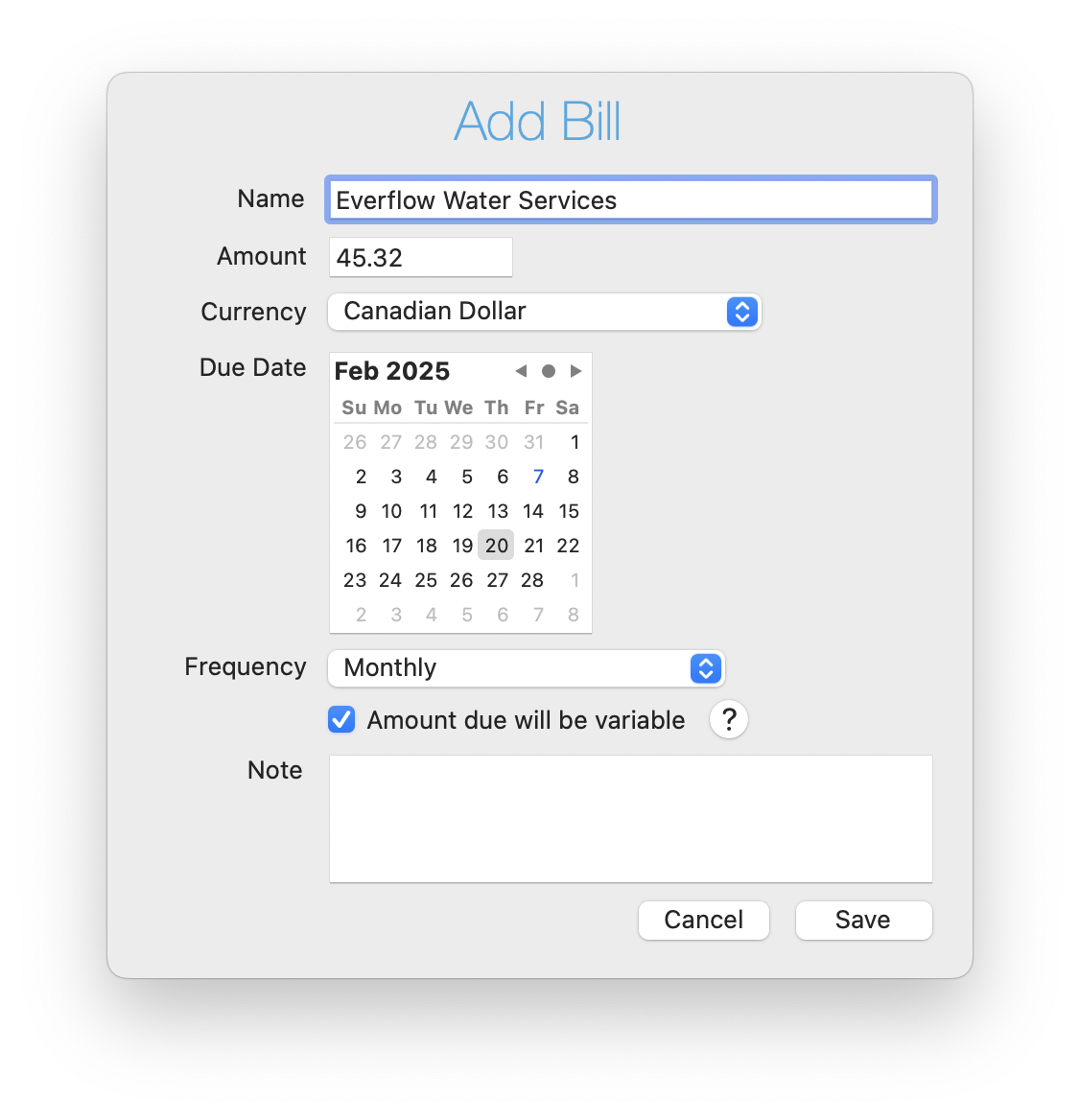 Bill Boss Add Bill dialog with fields for name, amount, currency, due date, frequency, and a note. The bill is for Everflow Water Services, with an amount of $45.32 set as variable and due in February 2025.