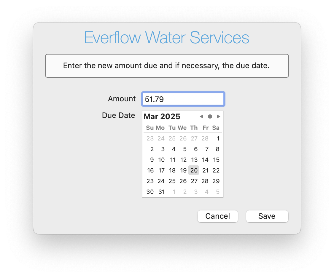 Bill Boss dialog for entering a new amount due and due date for Everflow Water Services. The amount is set to $51.79 with a due date in March 2025.