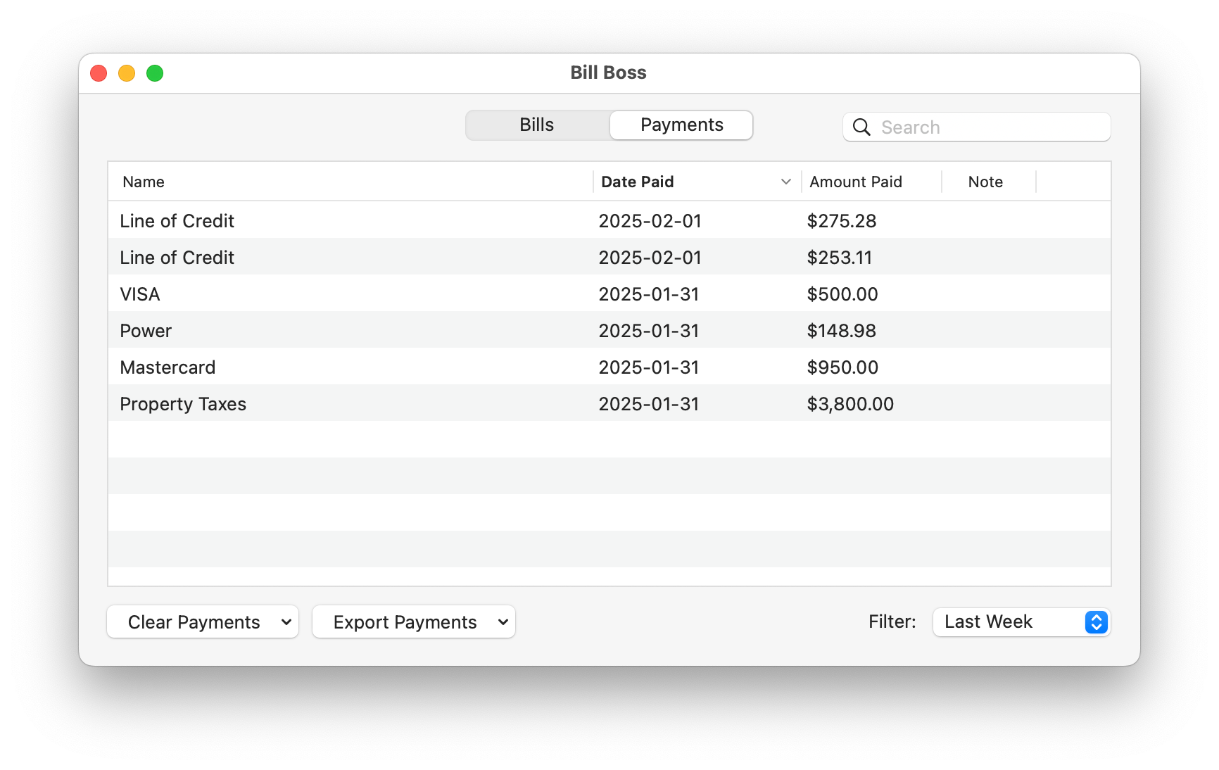 Bill Boss Payments tab displaying a list of paid bills, including names, dates paid, amounts paid, and optional notes. Bills include Line of Credit, VISA, Power, Mastercard, and Property Taxes.