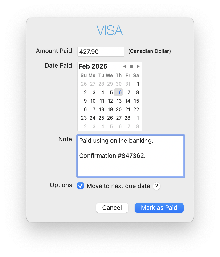 Bill Boss payment confirmation dialog for a VISA bill, showing an amount paid of $427.90 in Canadian dollars, a date picker for selecting the payment date, and a note field with the text 'Paid using online banking. Confirmation #847362.'