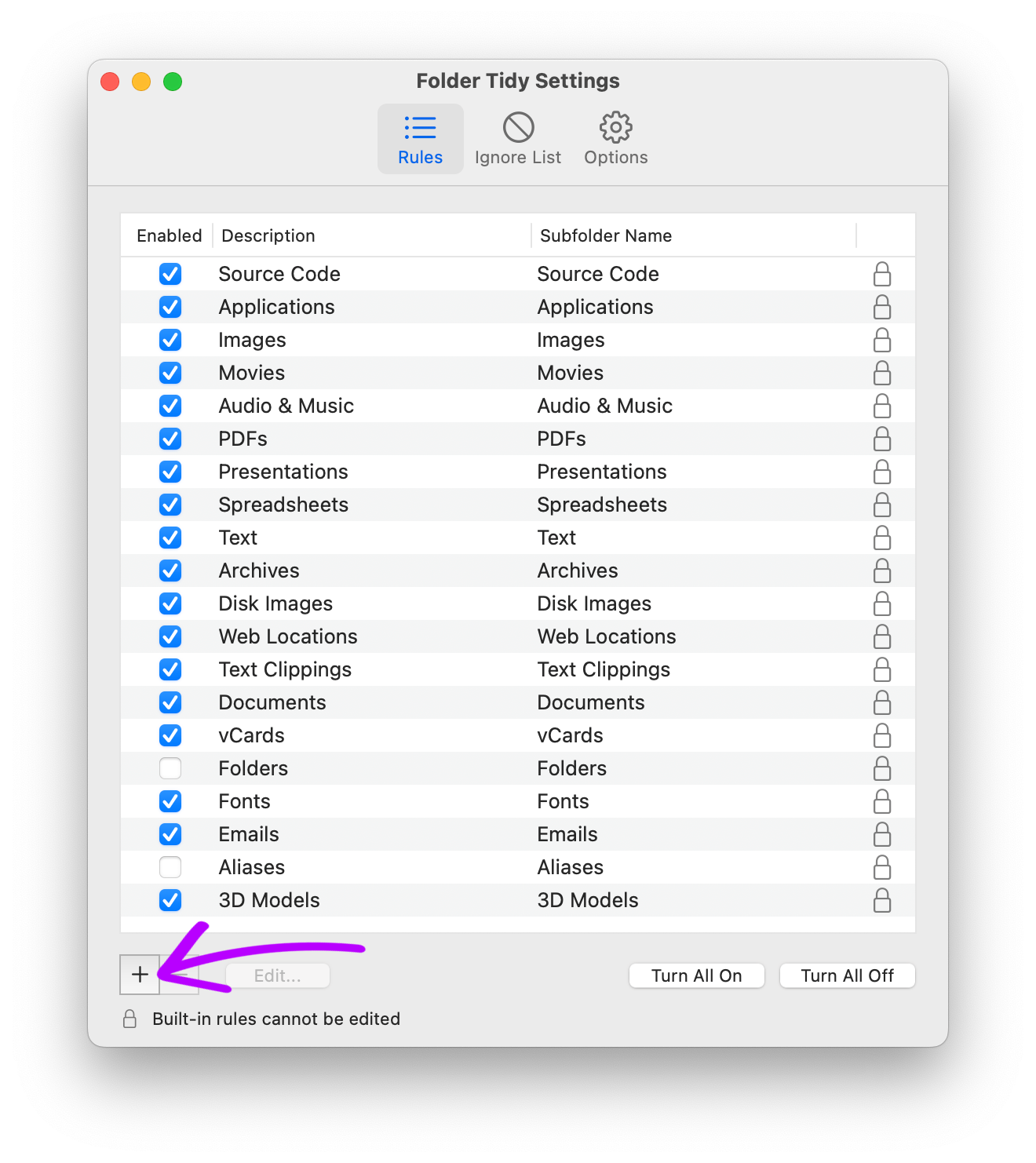 Folder Tidy rules with an arrow pointing towards the plus button that's used to add a new custom rule.