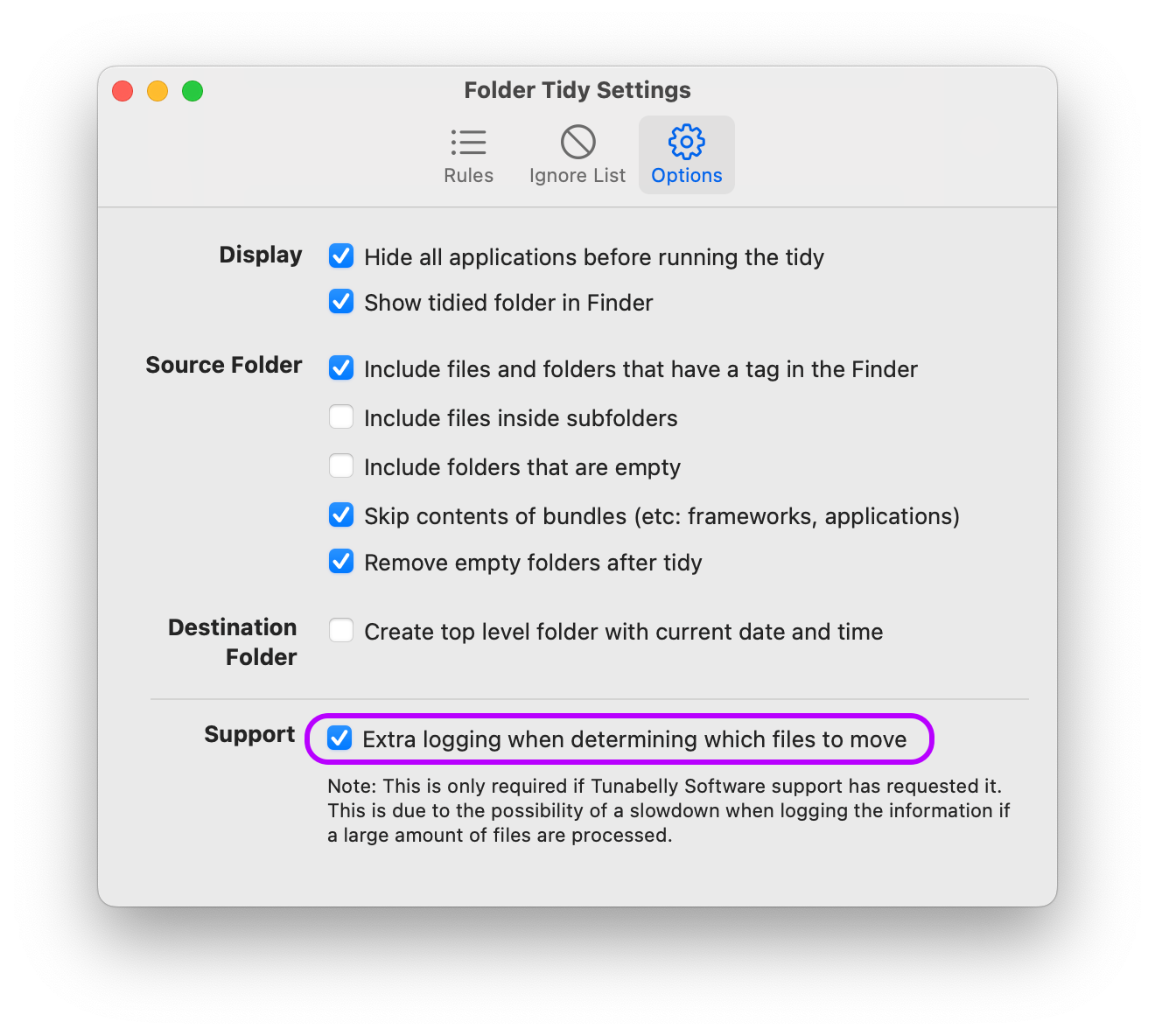 Enabling the extra logging feature in the app settings of Folder Tidy.