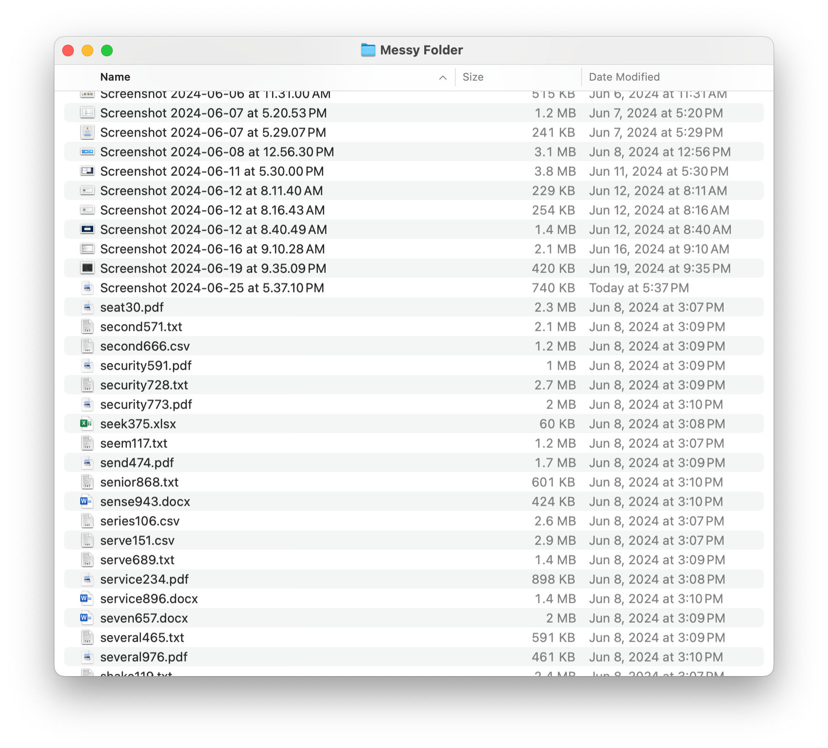 The source folder, which is disorganized with many types of documents, files, and subfolders.