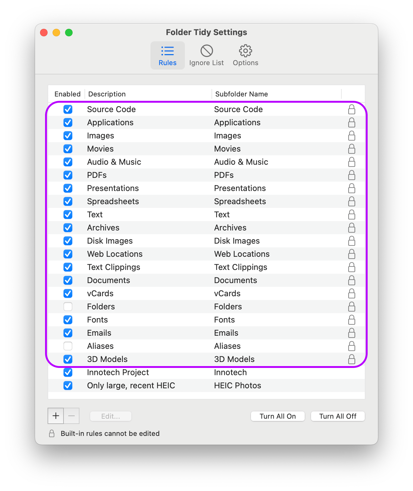 Showing the list of rules in Folder Tidy with the built-in ones highlighted with a rectangle drawn around them.