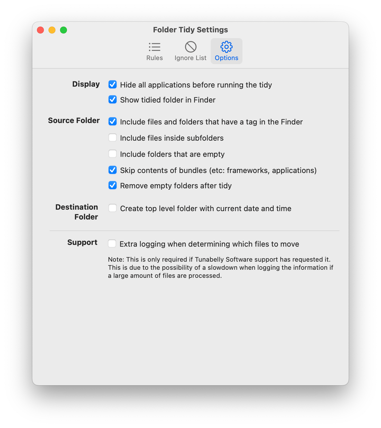 Various options availalbe in the settings window of Folder Tidy.