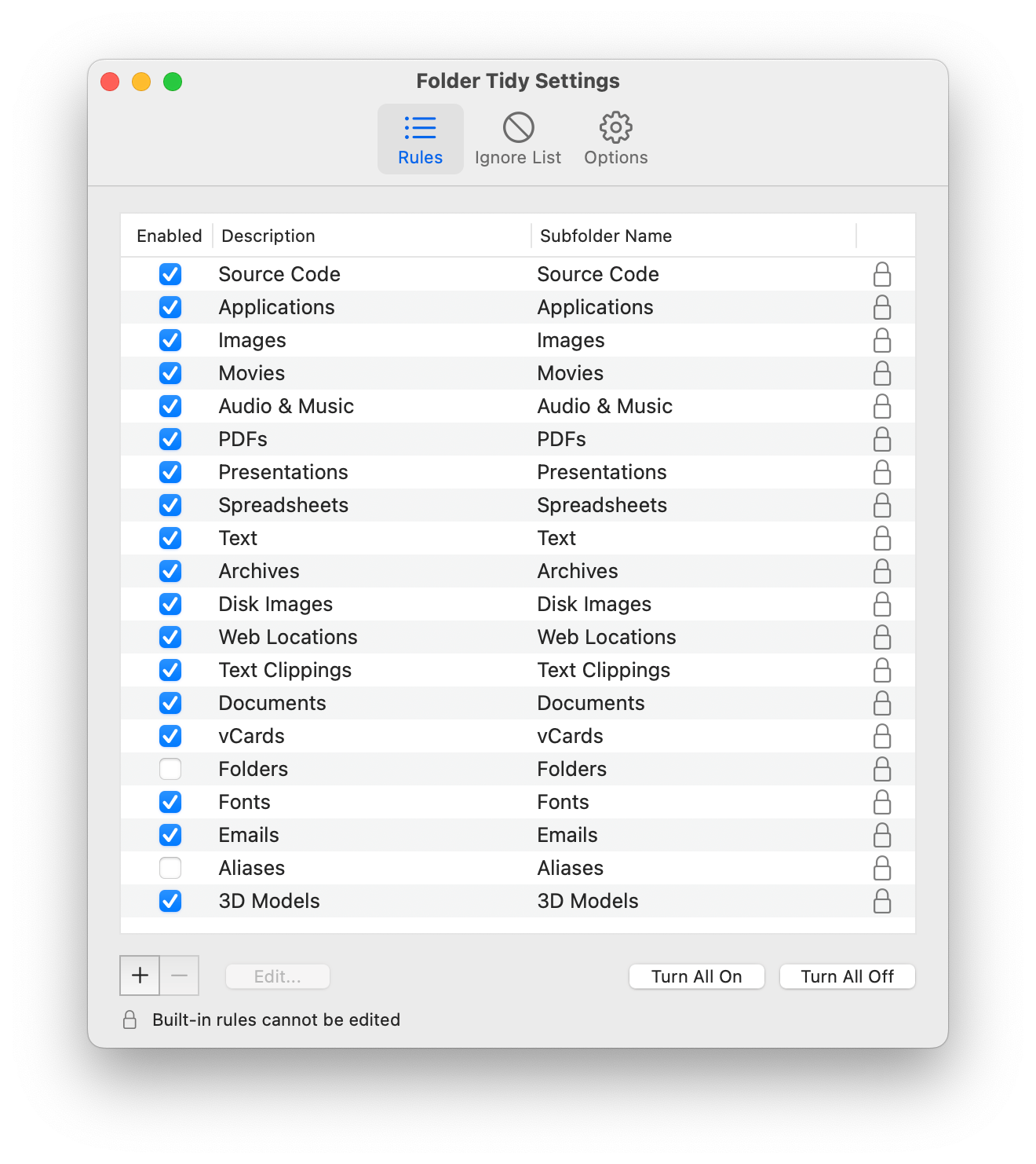 Showing list of list of available rules in the Folder Tidy settings.