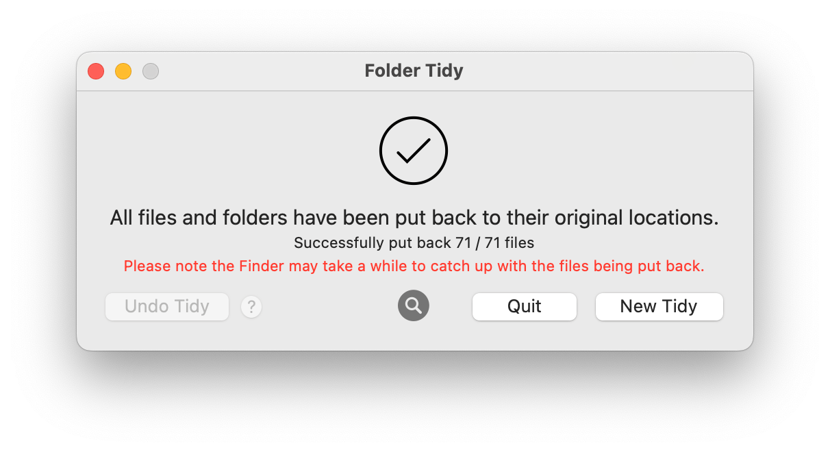 Undo operation has completed, with all 71 files being returned to their original locations.