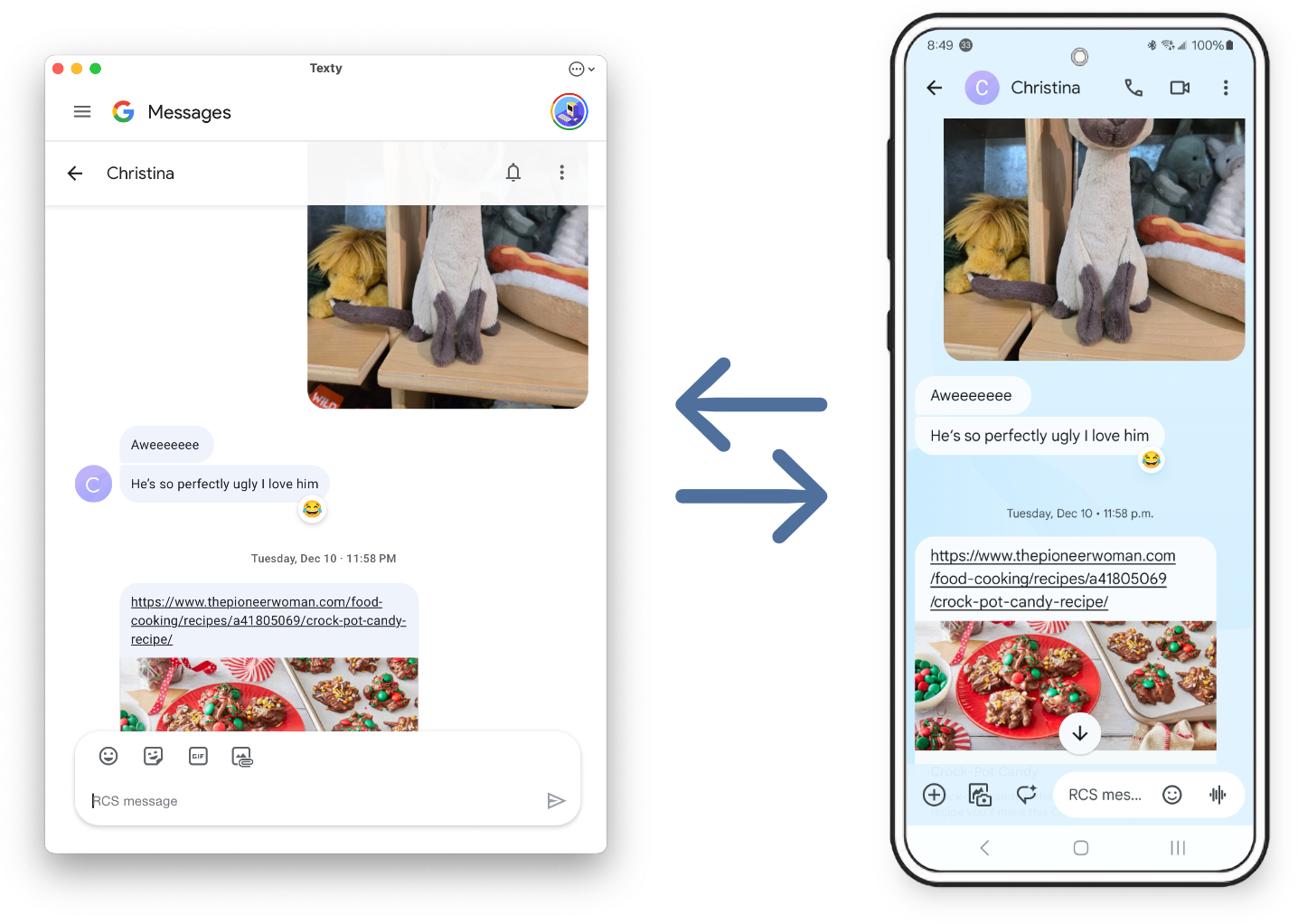 Screenshot of Texty app interfacing with Google Message. On the left side, it's the converstaion inside Texty on hte Mac, and on the right is the same converstaion on an Android phone. In the middle there are two arrows with alternating pointing between the Mac and Android sides.