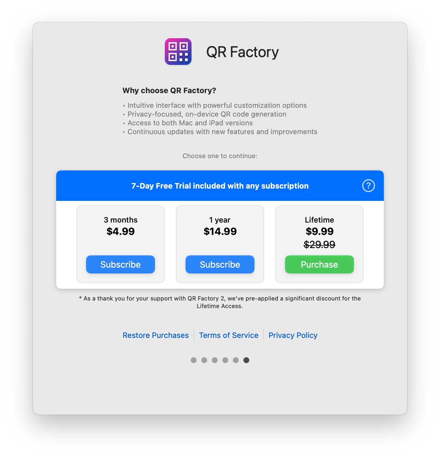 QR Factory 3 purchase screen showing options including significantly discounted price for upgrading from the previous version.